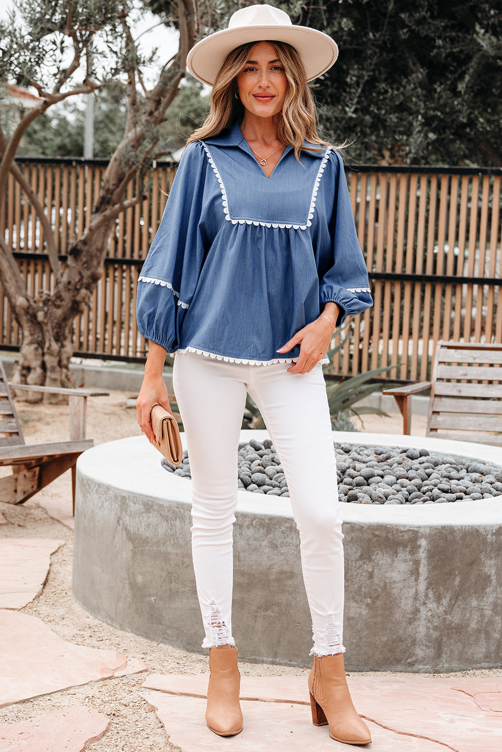 Solid Lace Ric-Rac 3/4 Sleeve Babydoll Blouse