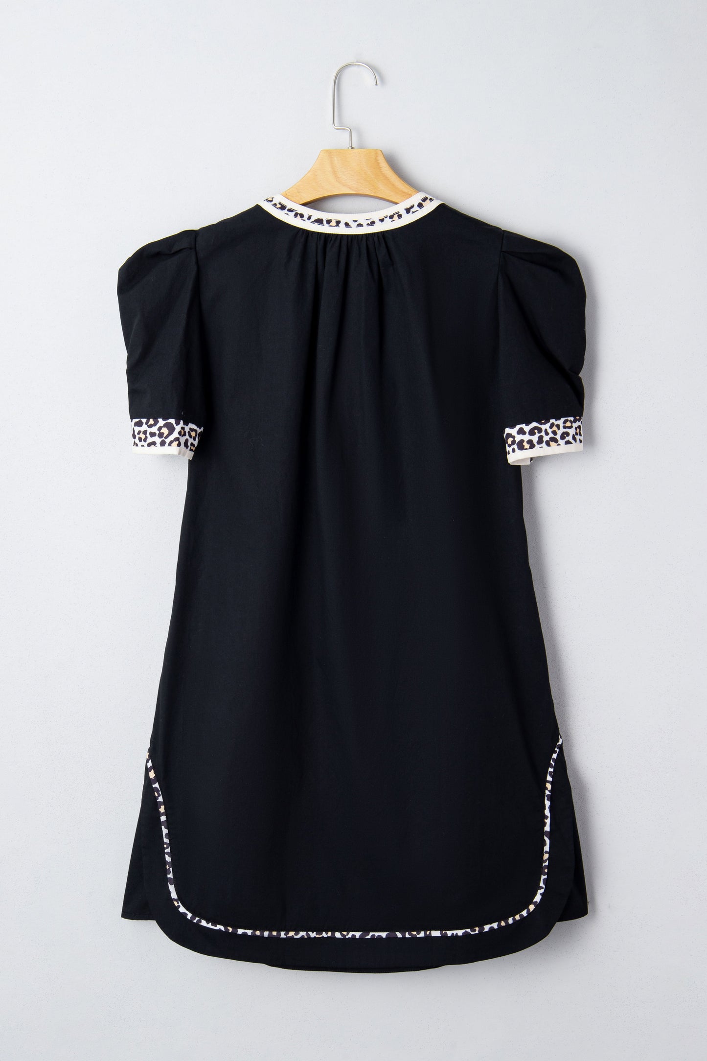 Leopard Trim Short Puff Sleeve Mini Dress