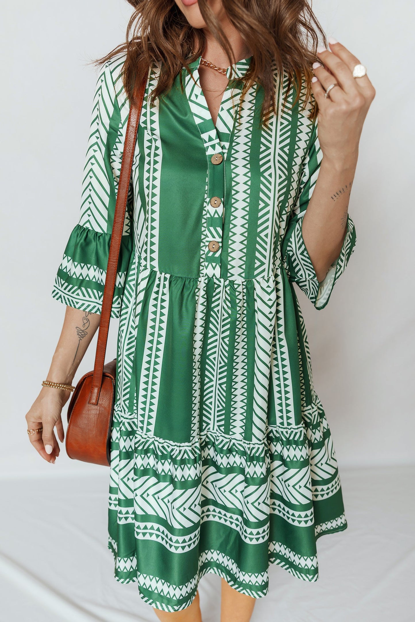 Boho Geometric Stripe Half Buttoned Dress