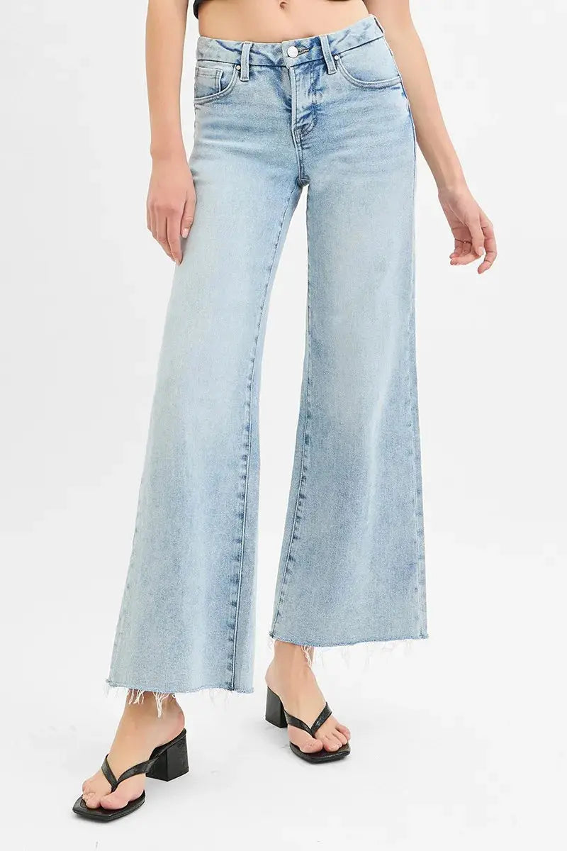 Full Size Tummy Control Low Rise Wide Leg Raw Cut Hem RISEN Jeans