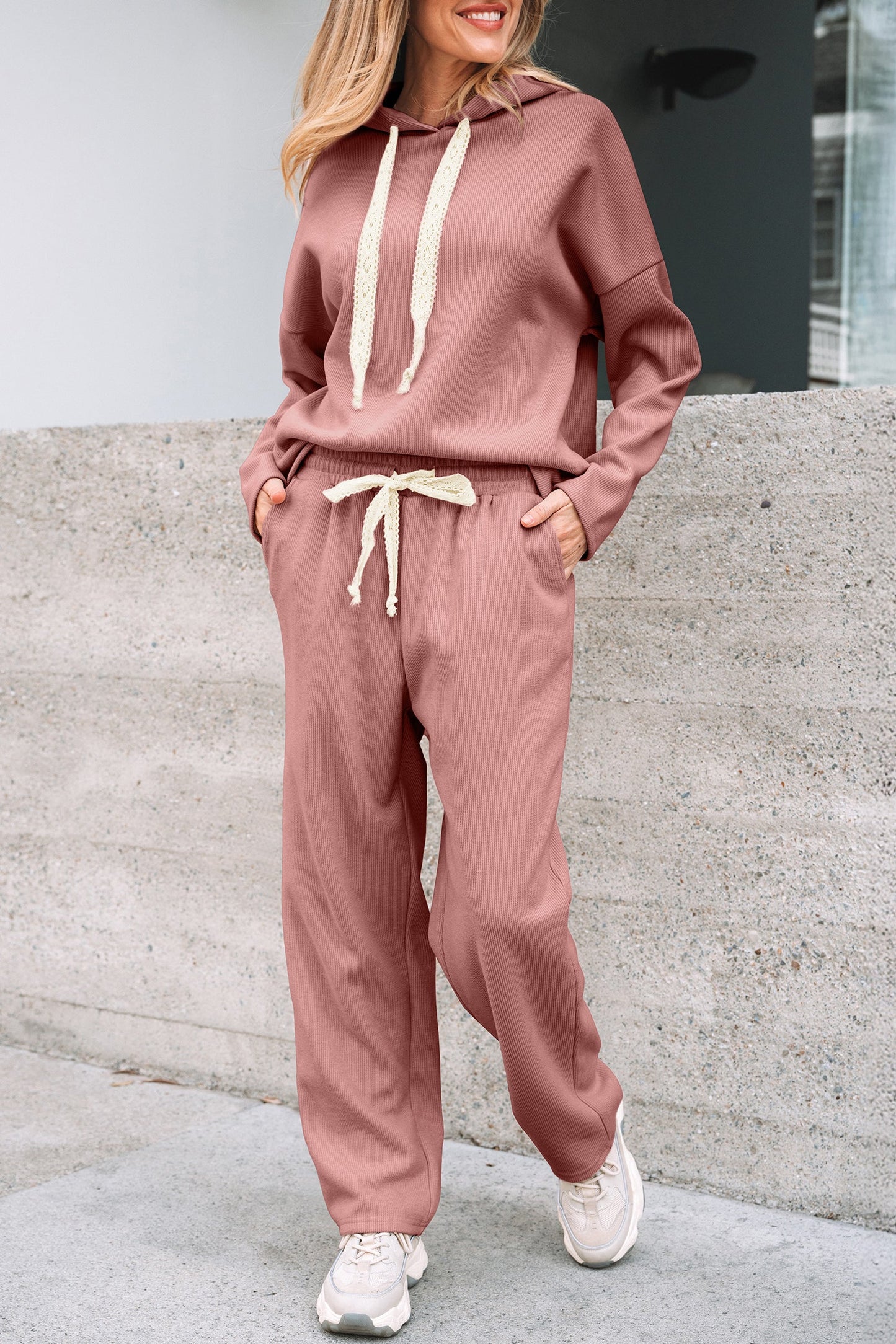 Solid Corduroy Lace Hoodie and Pants Set