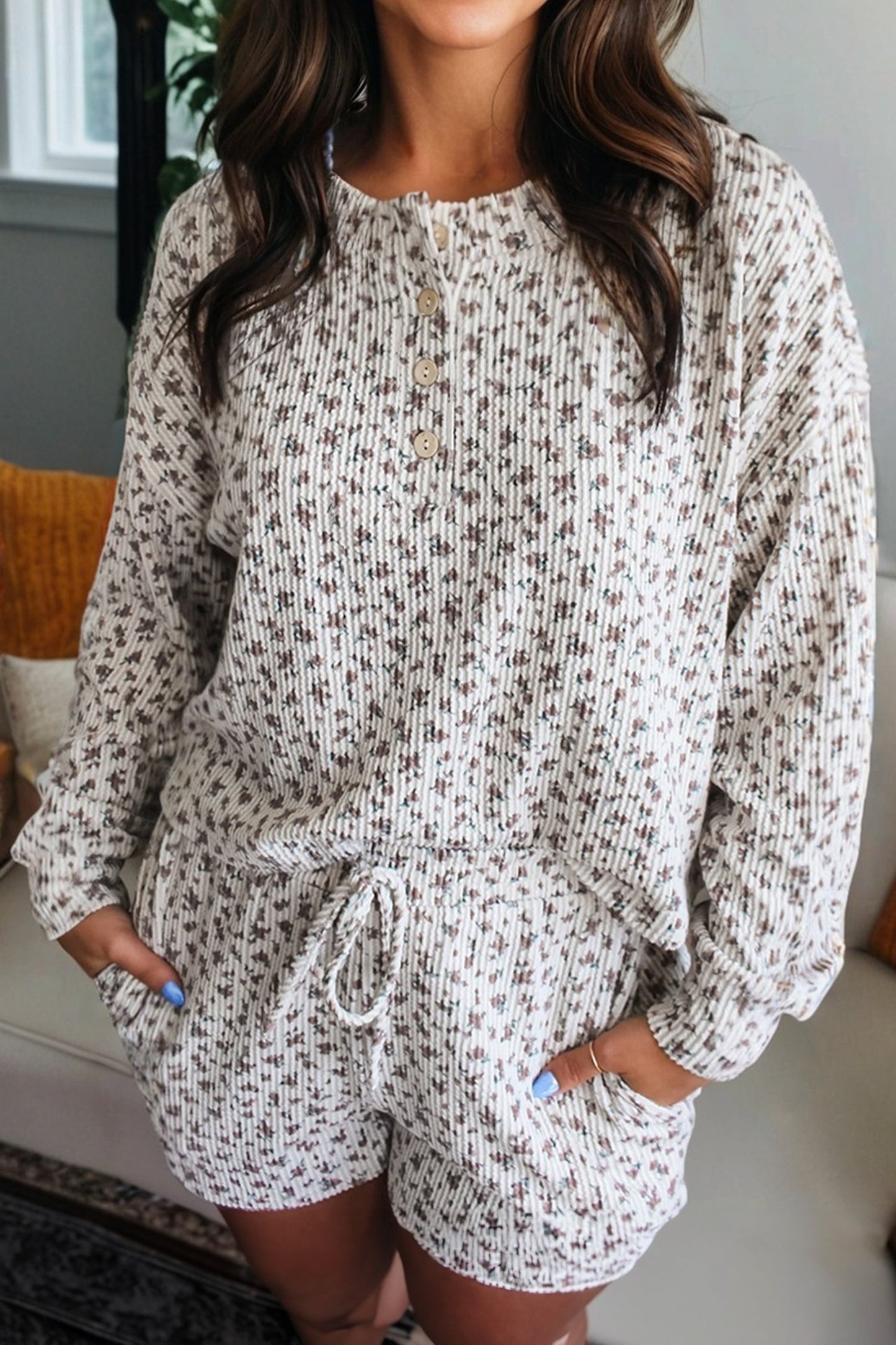 Floral Henley Top and  Drawstring Shorts Set