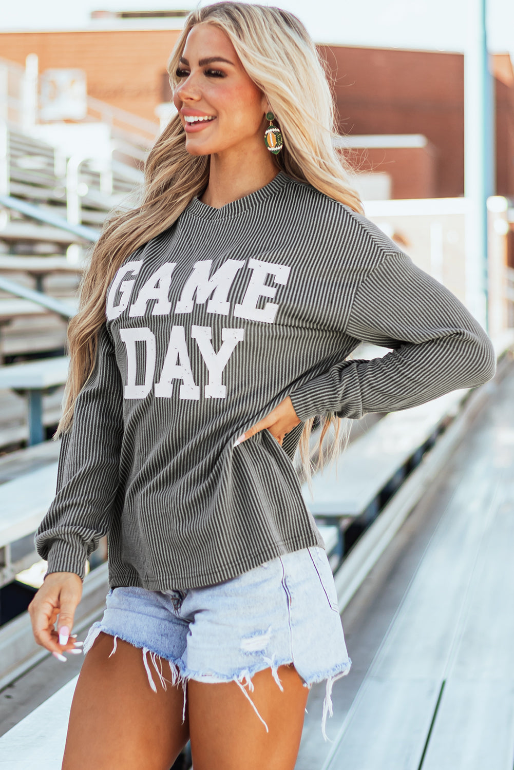 GAME DAY Textured Long Sleeve Crewneck Top