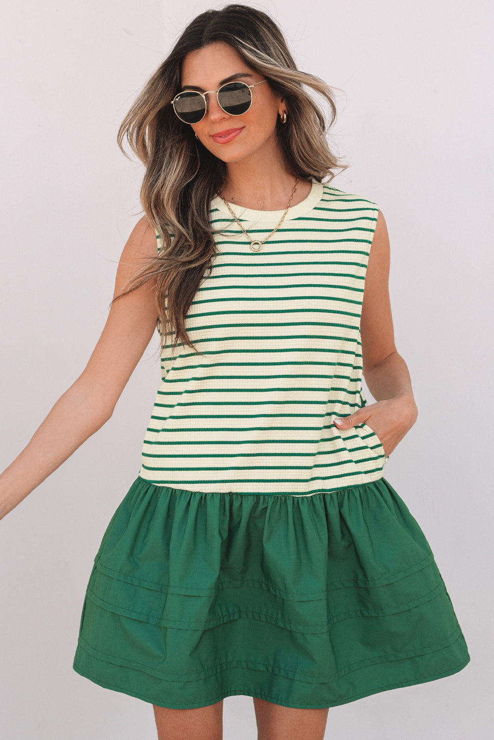 Stripe Woven Sleeveless Ruffle Mini Dress
