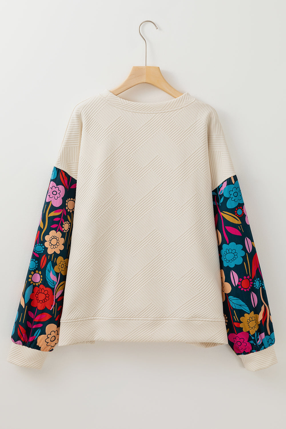 Plus Size Floral Patchwork Sleeve Textured Top