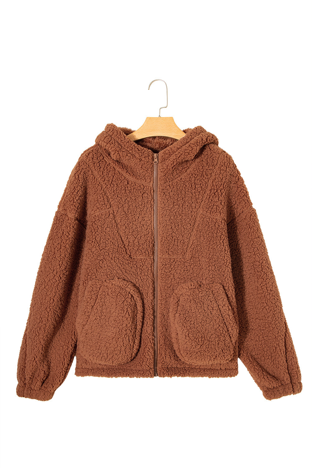 Solid Sherpa Fleece Zip Up Hooded Jacket