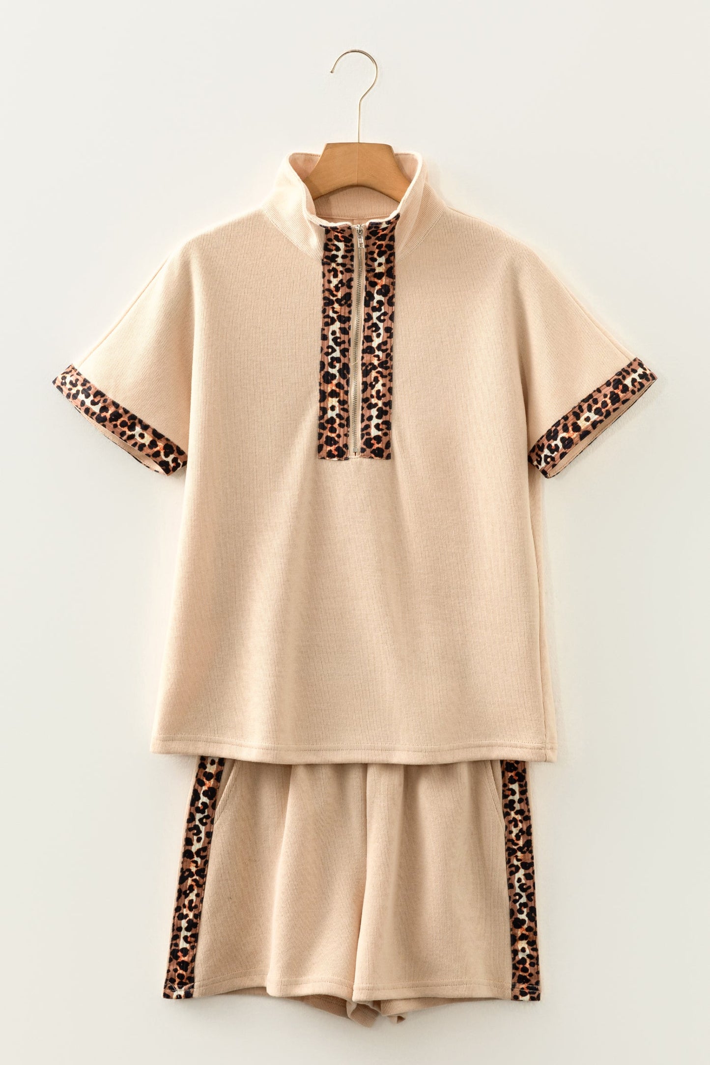 Leopard Trim Half-Zip Top and Shorts Set