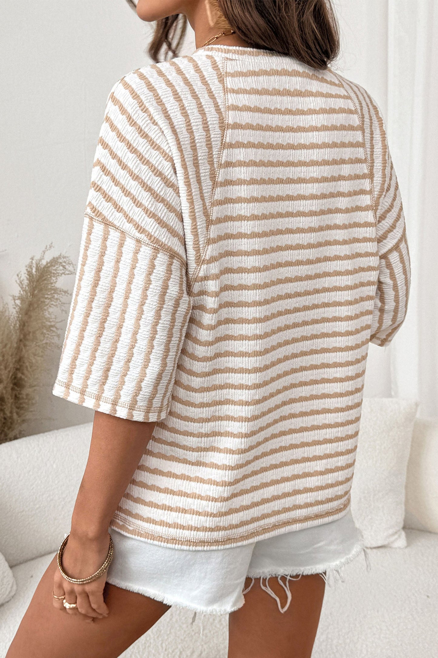 Stripe Textured Knit 3/4 Sleeve Top