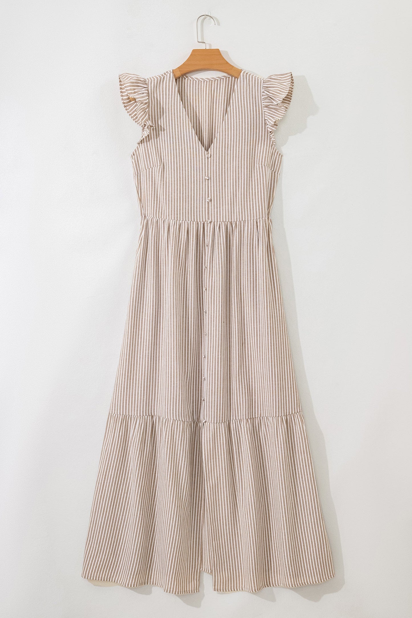 Stripe Flutter Sleeve Buttoned V-Neck Maxi Dress