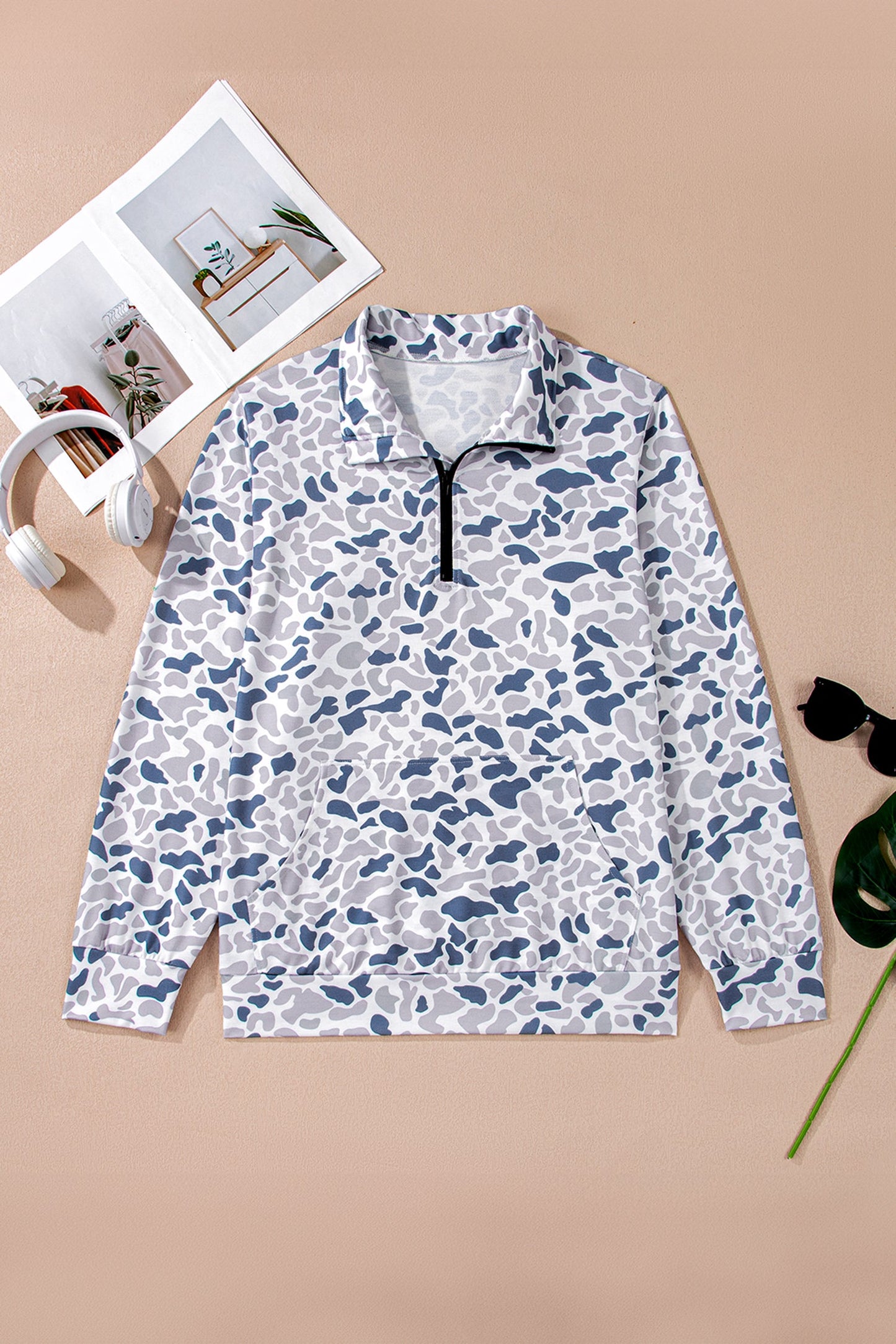 Plus Size Camo Quarter Zip Kangaroo Pocket Sweatshirt