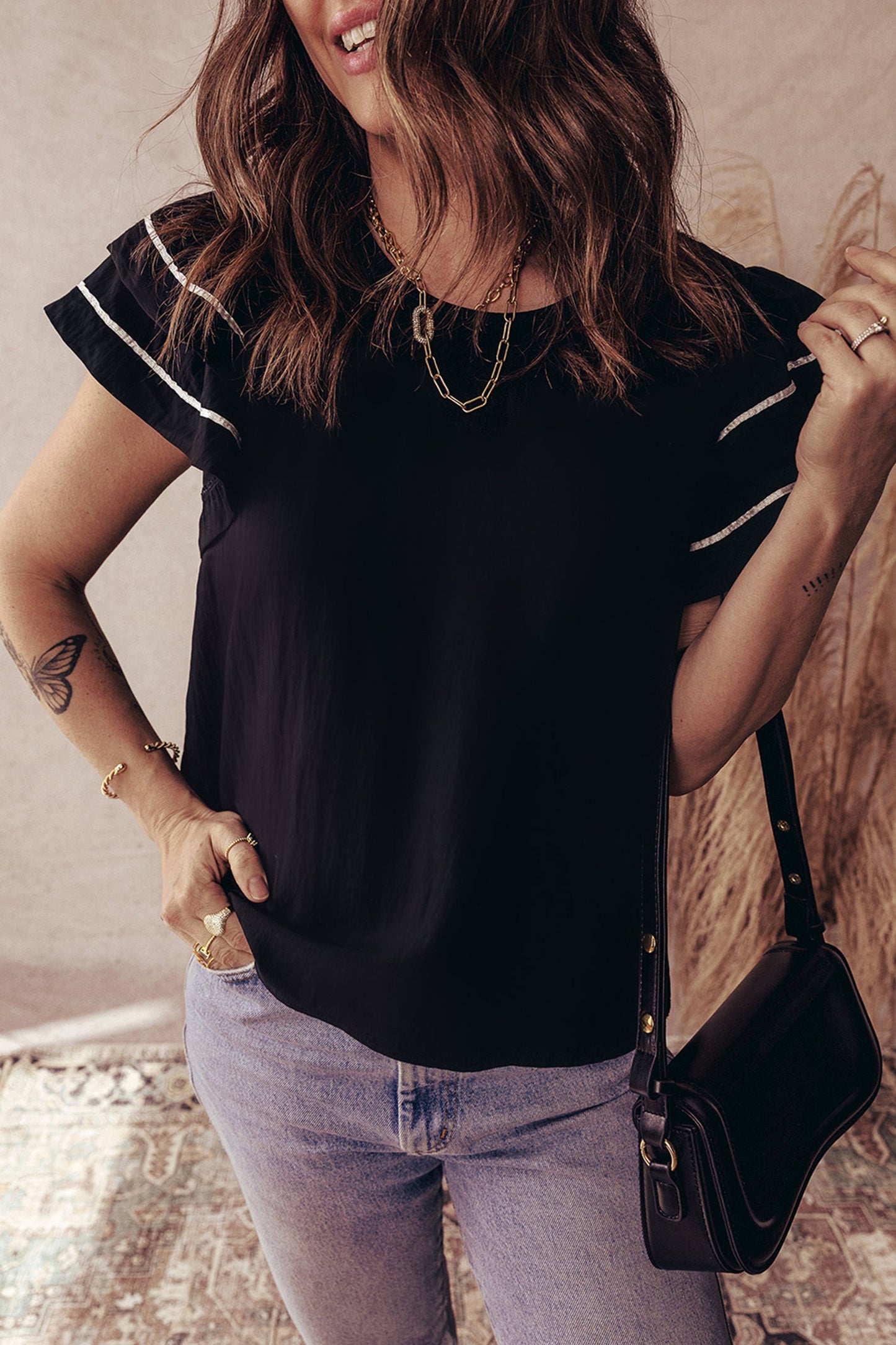 Contrast Trim Ruffle Short Sleeve Blouse