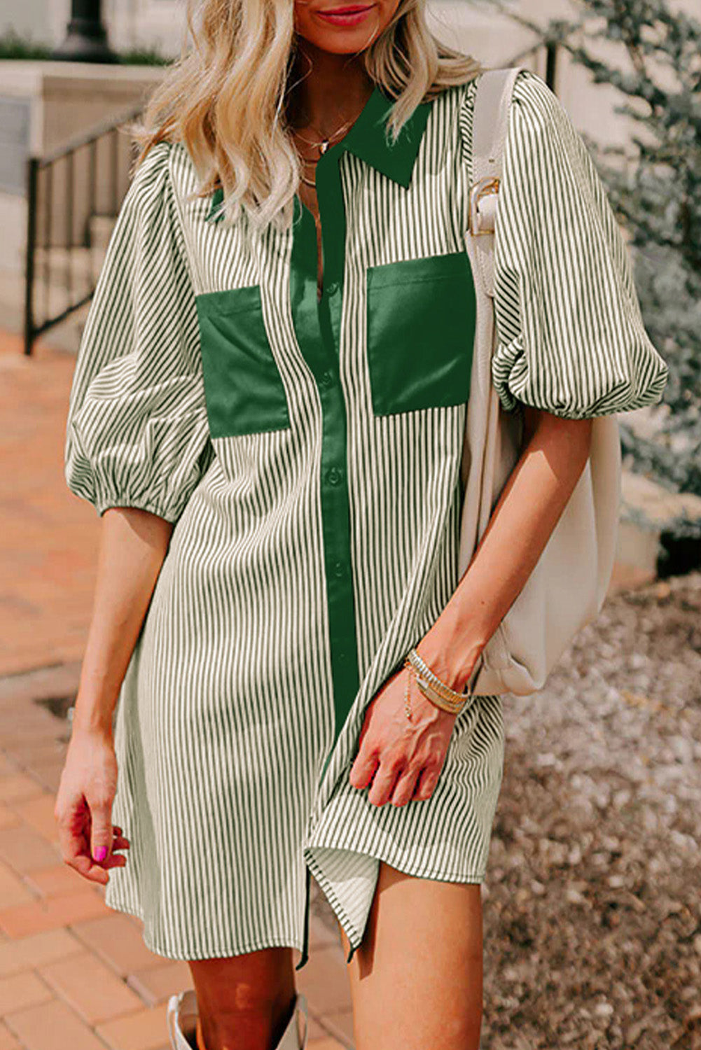 Stripe Patchwork Chest Pocket Mini Shirt Dress