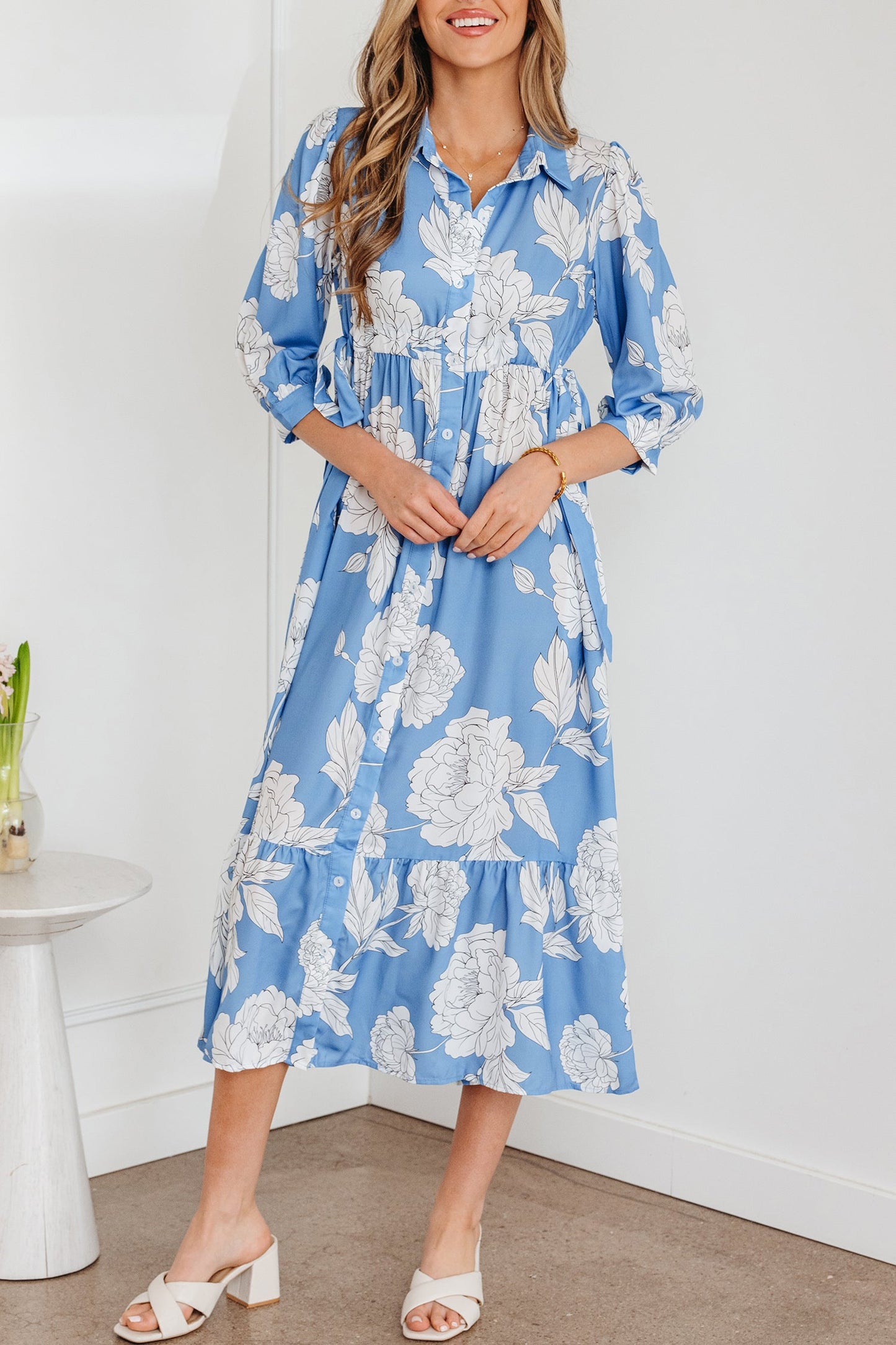 Floral Button-Front 3/4 Sleeve Ruffle Hem Dress