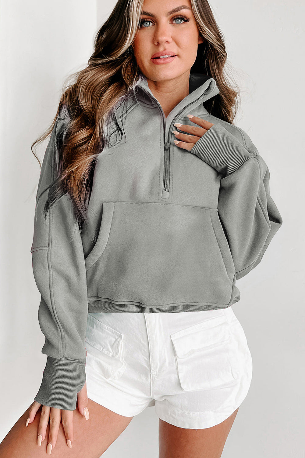 Solid Fleece-Lined Half-Zip Up Collar Sweatshirt