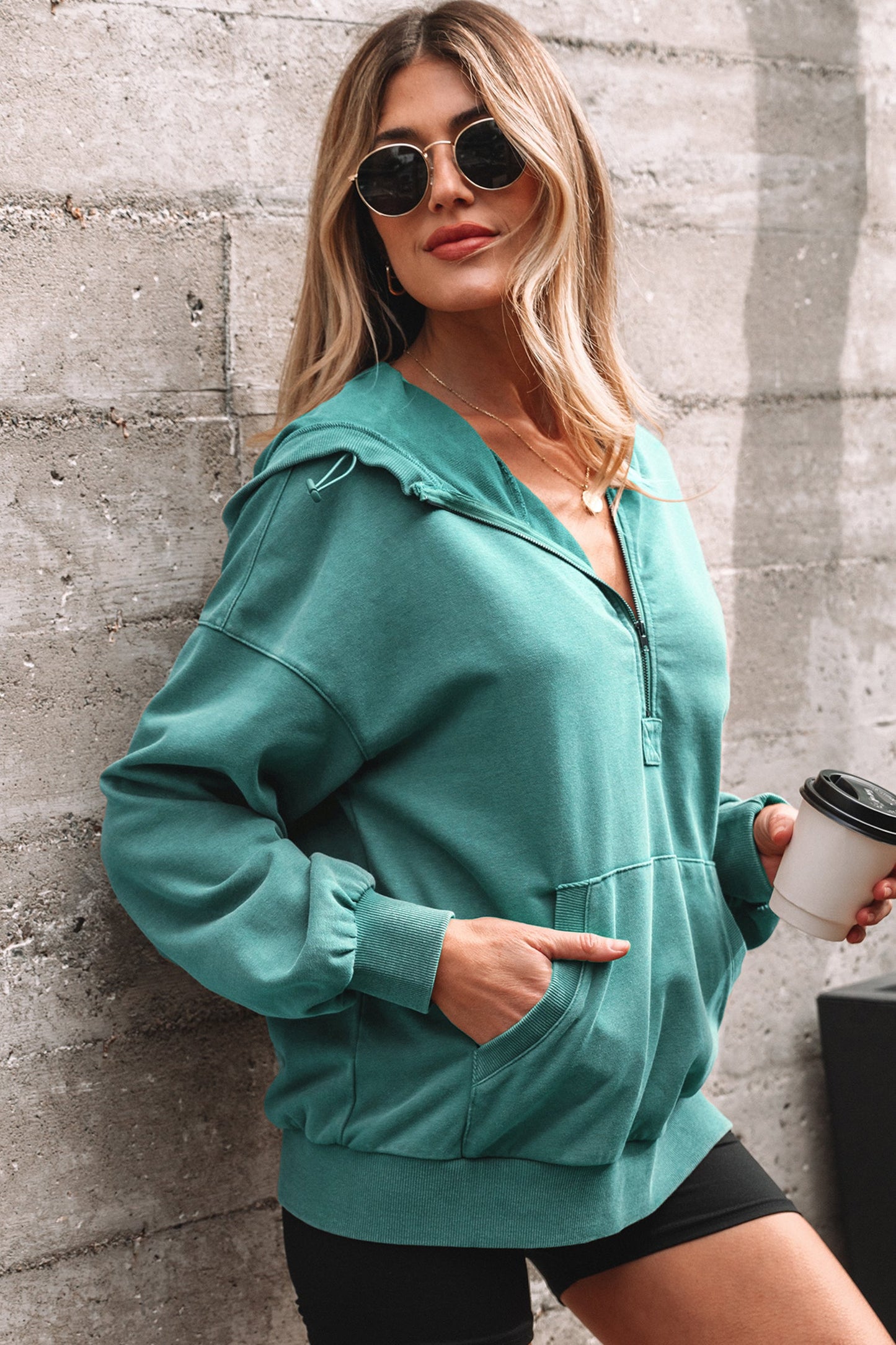 Solid Half-Zip Kangaroo Pocket Baggy Hoodie