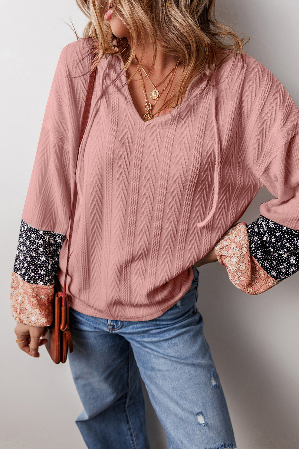 Floral Patchwork Textured Knit V-Neck Blouse
