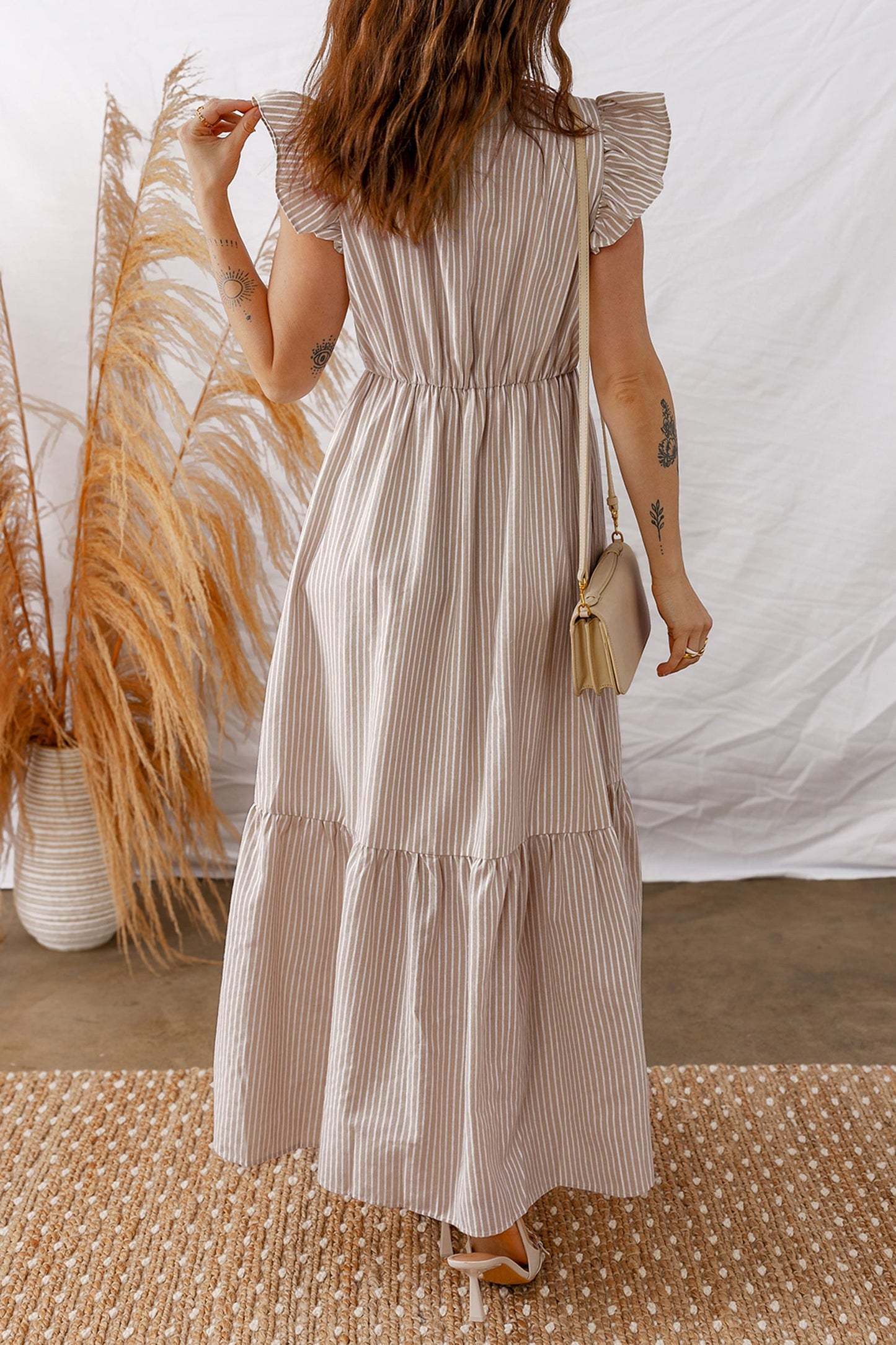 Stripe Flutter Sleeve Buttoned V-Neck Maxi Dress