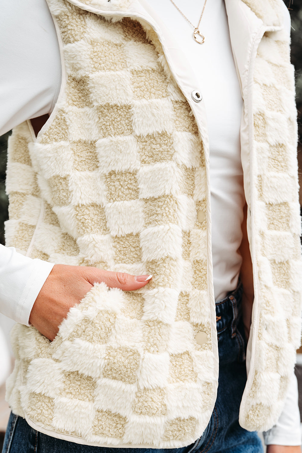 Checker Sherpa Snap Button Vest Jacket With Pockets