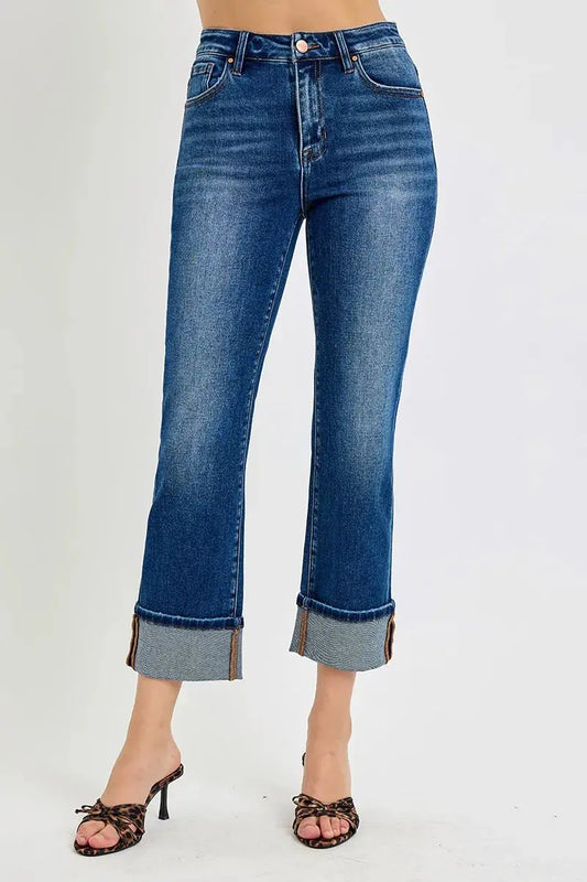 Full/Plus Size High Rise Ankle Straight Cuffed RISEN Jeans