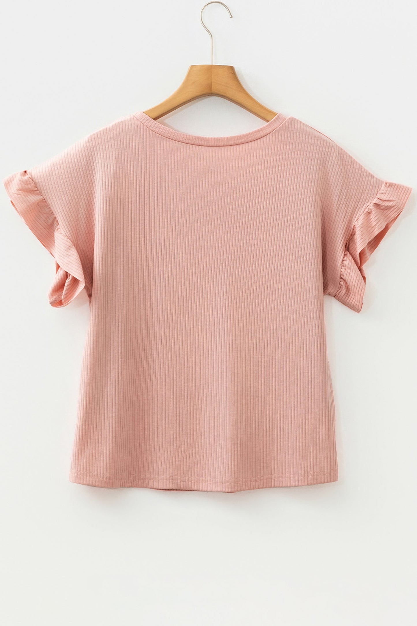 Solid Ribbed Knit Ruffle Short Sleeve T-Shirt