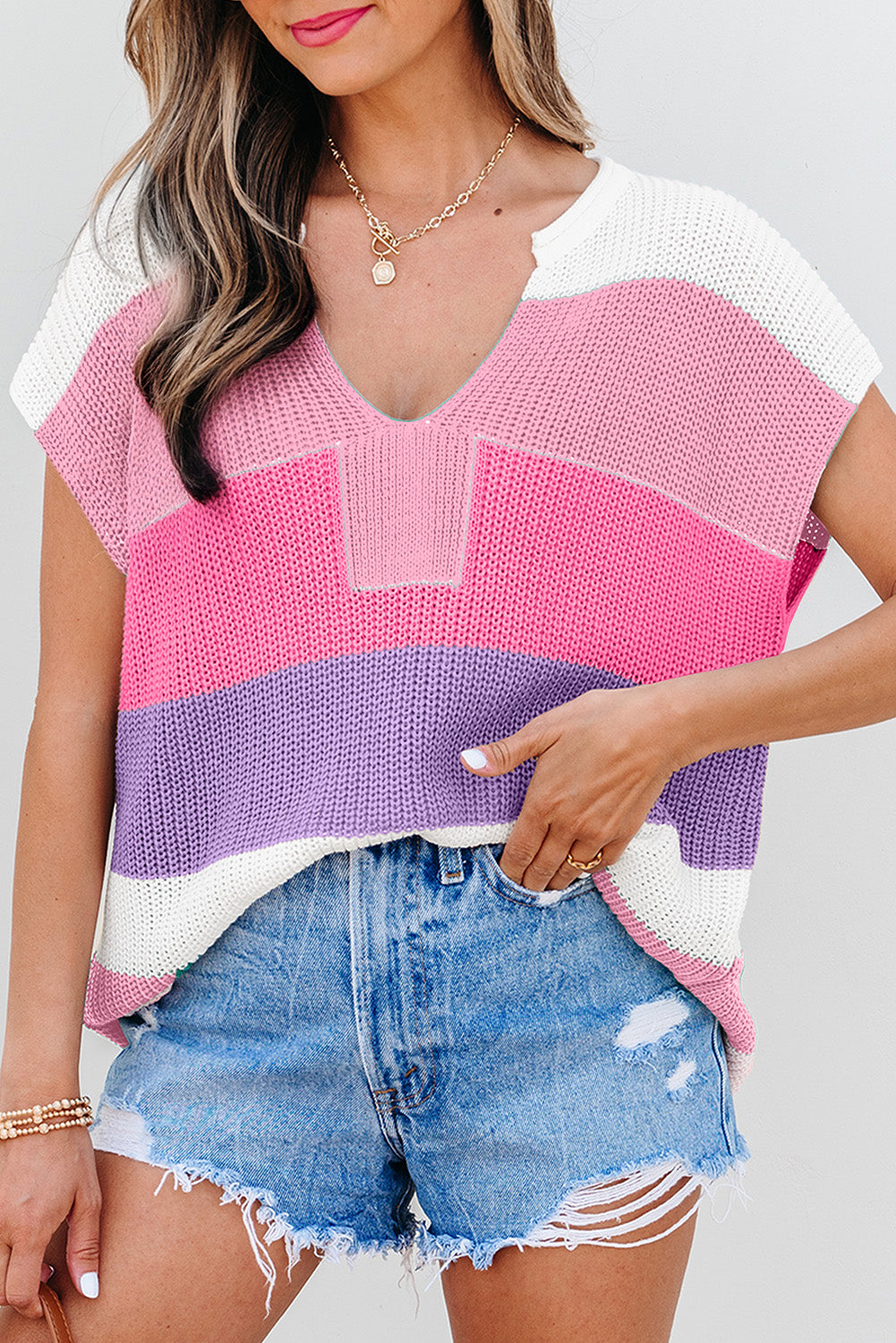 Stripe Colorblock V-Neck Sweater T-Shirt