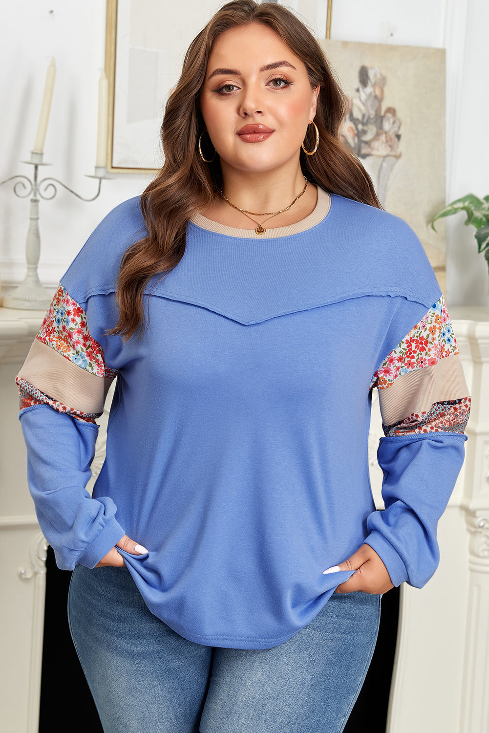Plus Size Floral Patchwork Reverse Seam Top