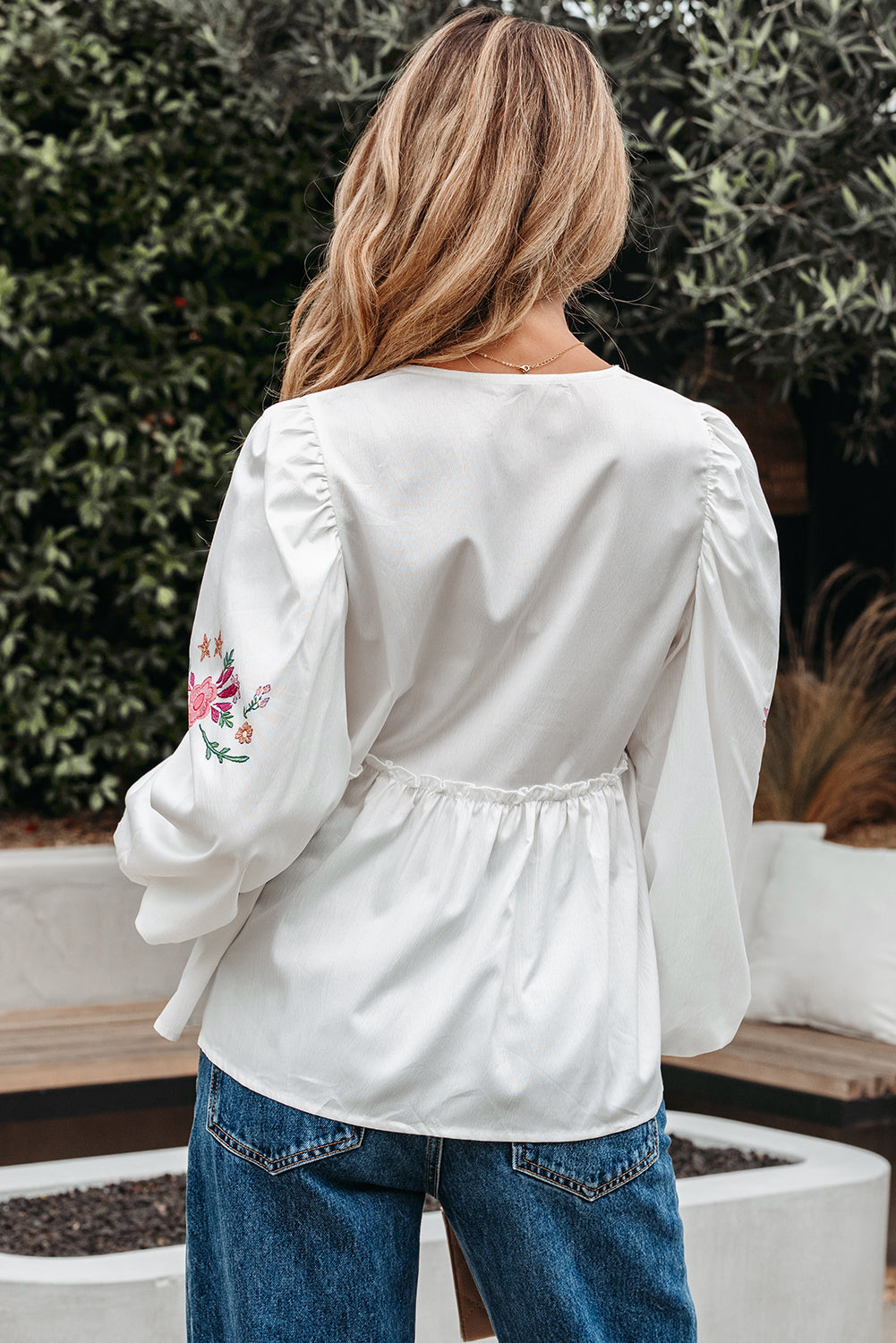 Floral Lace-Up V-Neck Babydoll Blouse