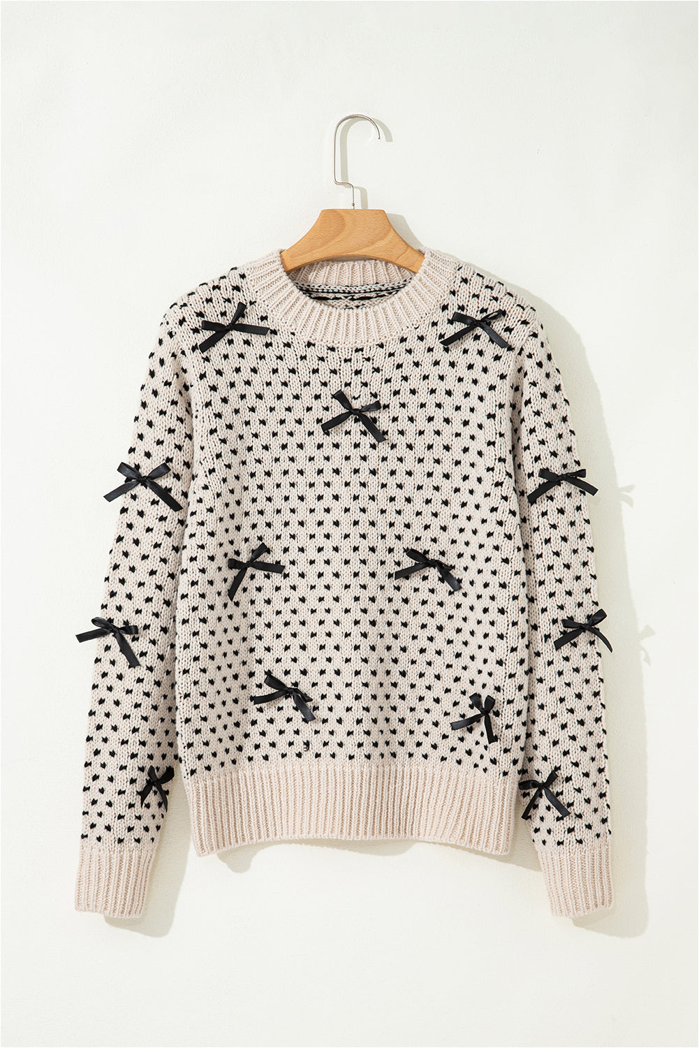 Bow Tie Ribbed Edge Crewneck Long Sleeve Sweater