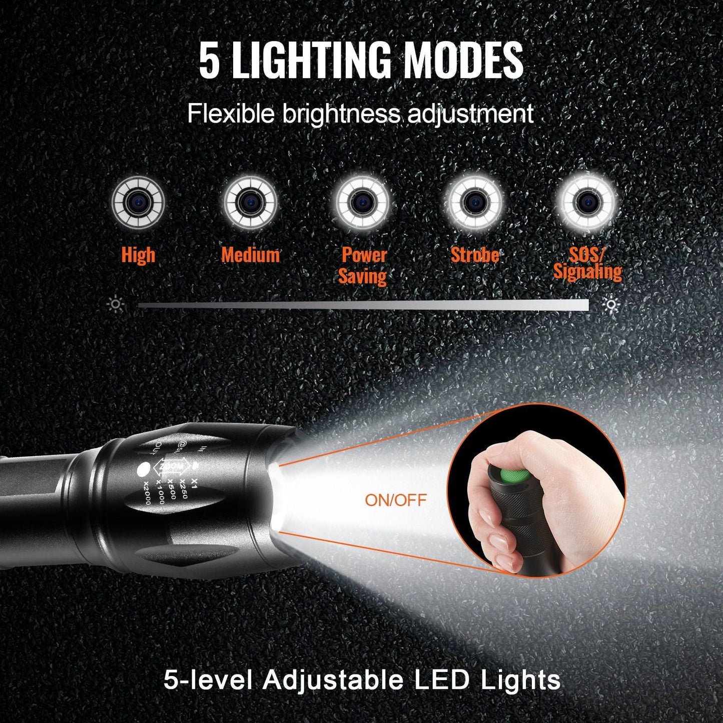 VEVOR 2 Pack Flashlights Torch, 2000 High Lumens 5 Modes Adjustable Focus Flashlight, IP44 LED Waterproof Handheld Flashlight for Camping Cycling Hiking Fishing Emergency