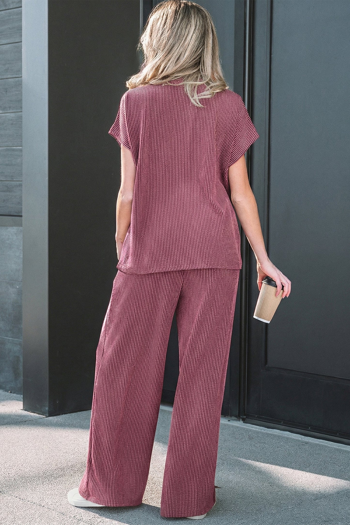Corded Knit Mock Neck Tee and Pant Set
