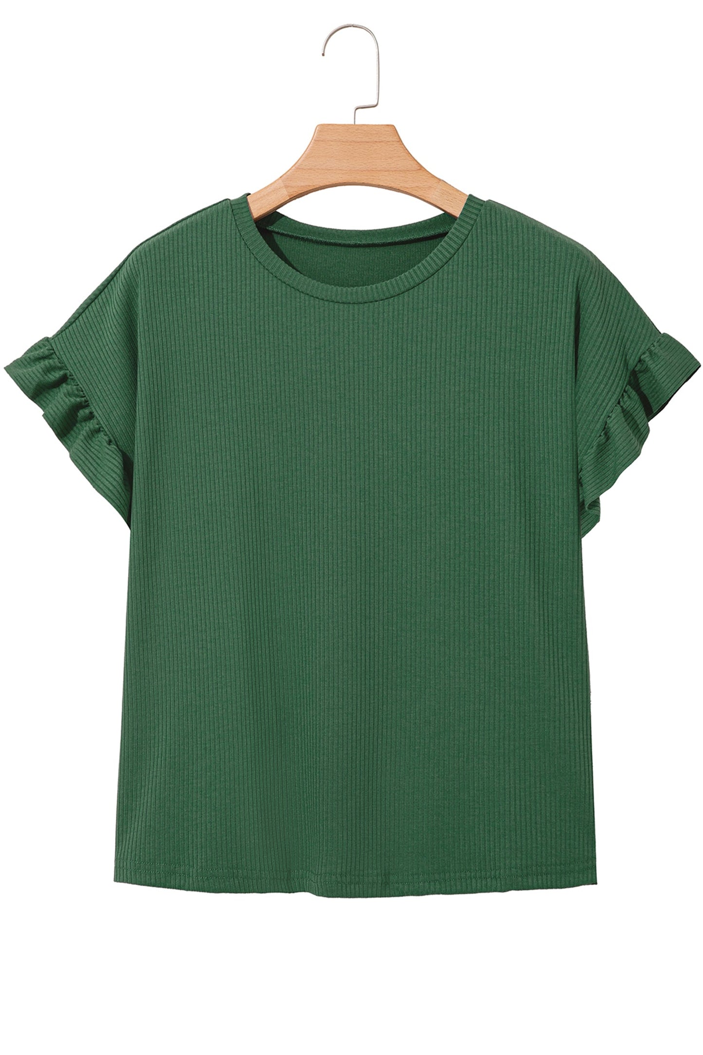Solid Ribbed Knit Ruffle Short Sleeve T-Shirt