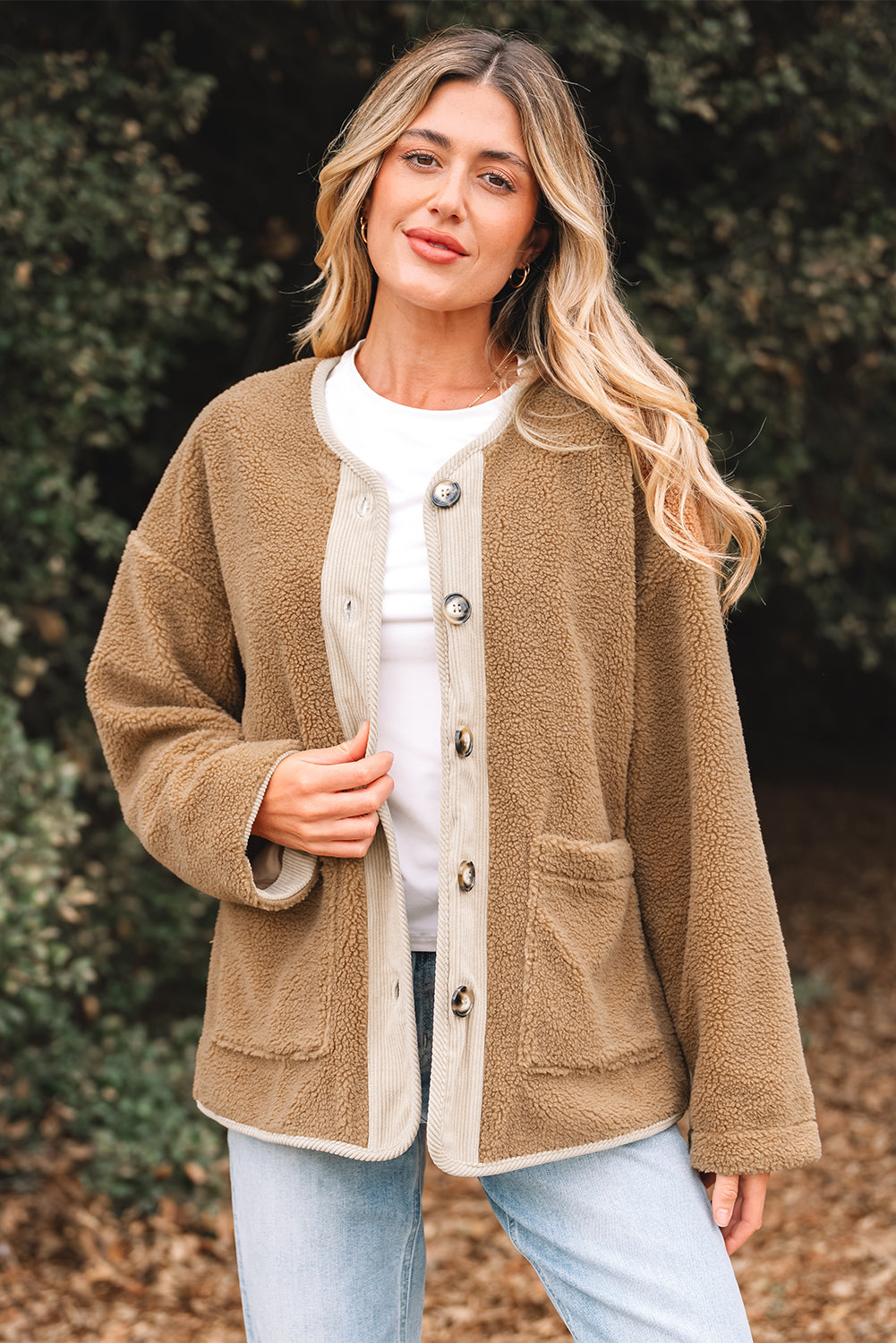 Fleece Corduroy Patchwork Button Up Jacket