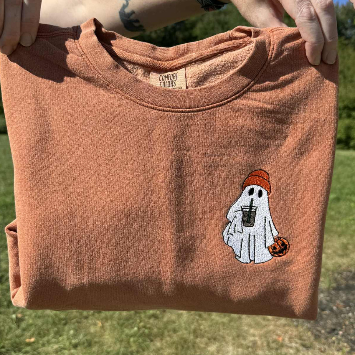 Adult Embroidered Iced Coffee Ghost Comfort Colors Tee - more colors