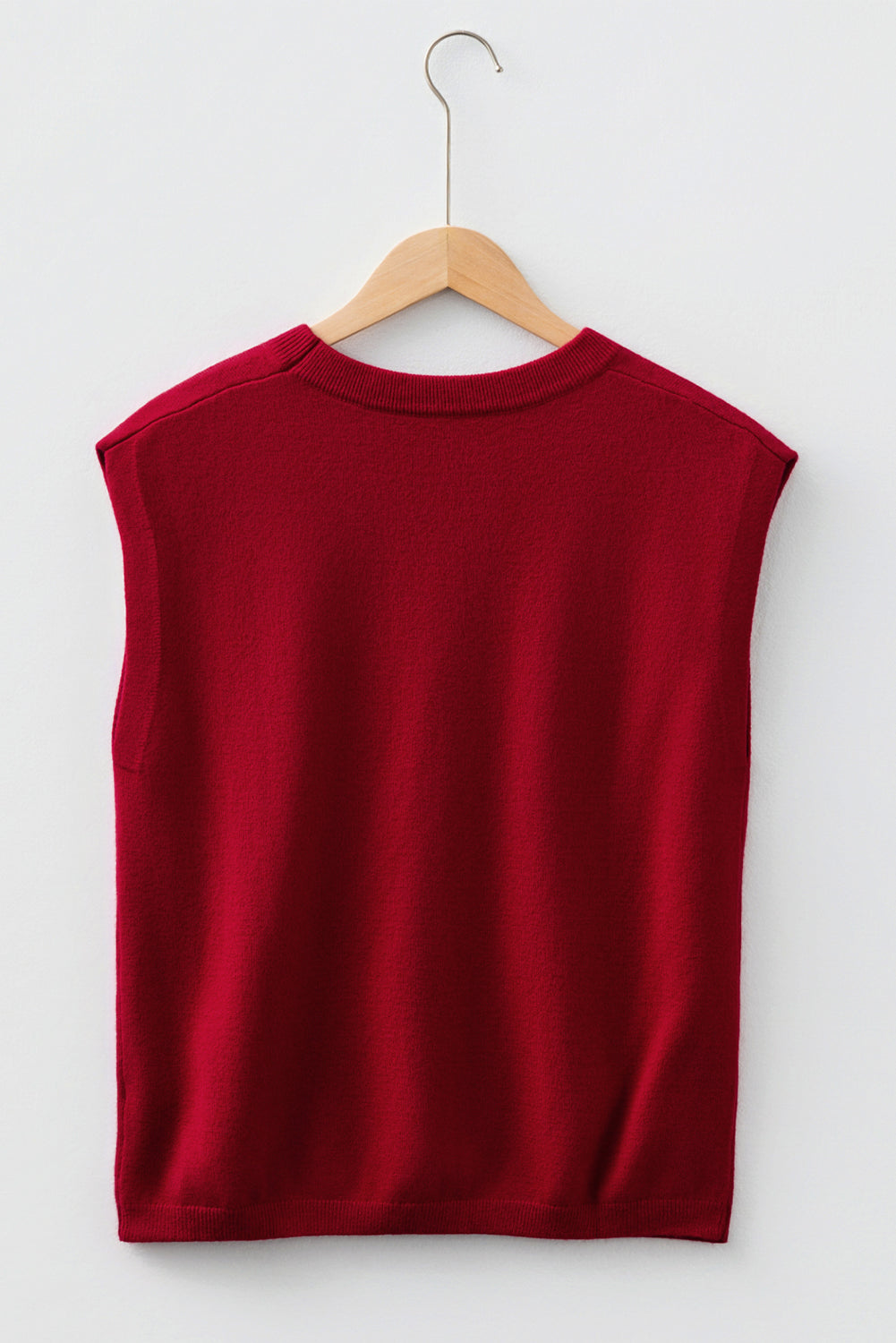 Racing Red Solid Color Crew Neck Knit Cap Sleeve Sweater