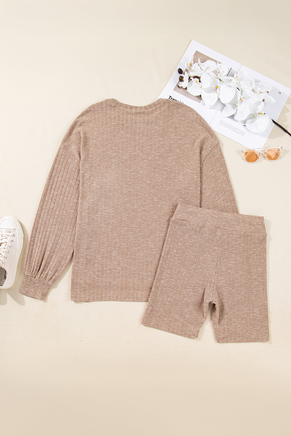 Ribbed Knit Pullover Top and Biker Short Set