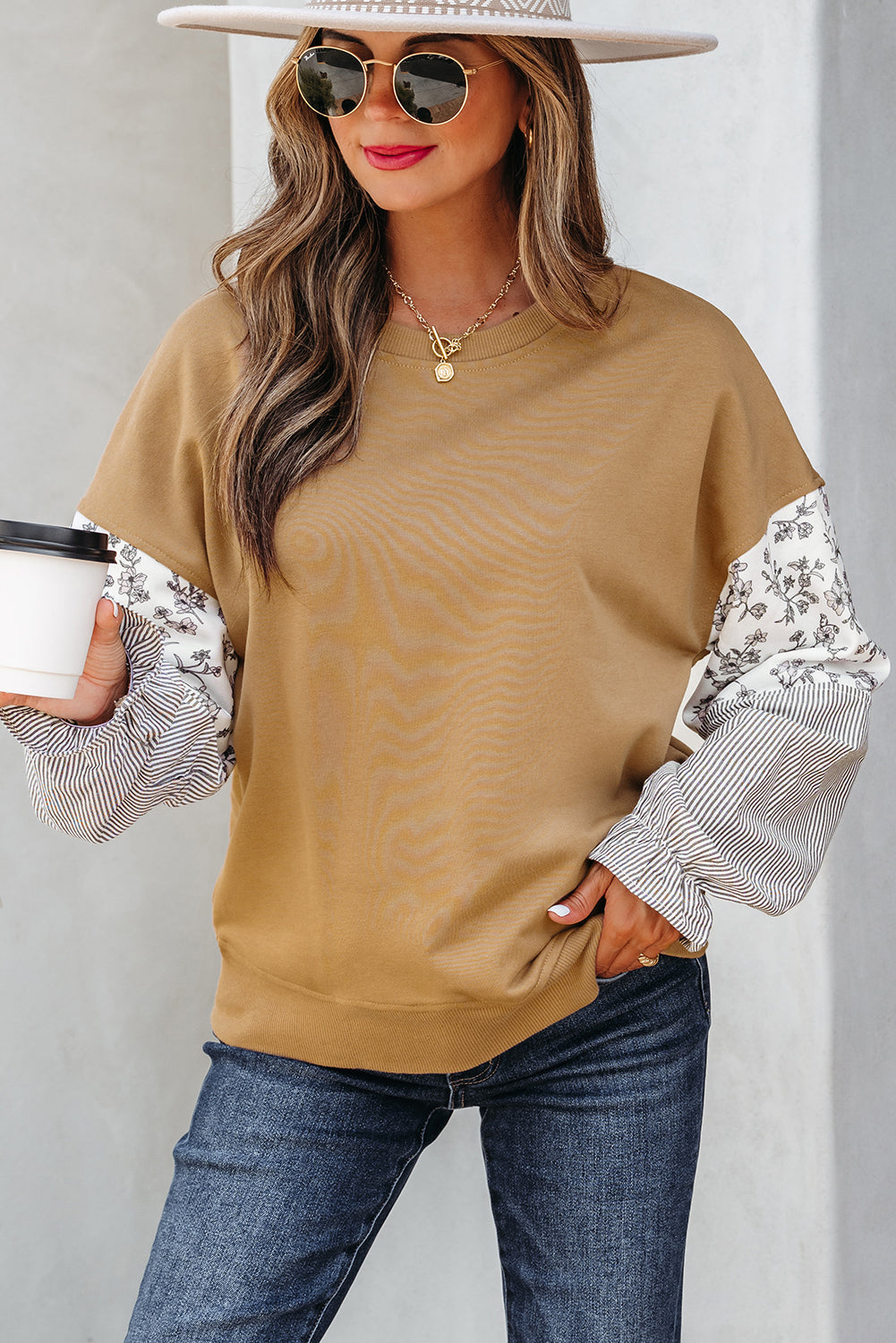 Floral Stripe Patchwork Ruffle Sleeve Crewneck Sweatshirt