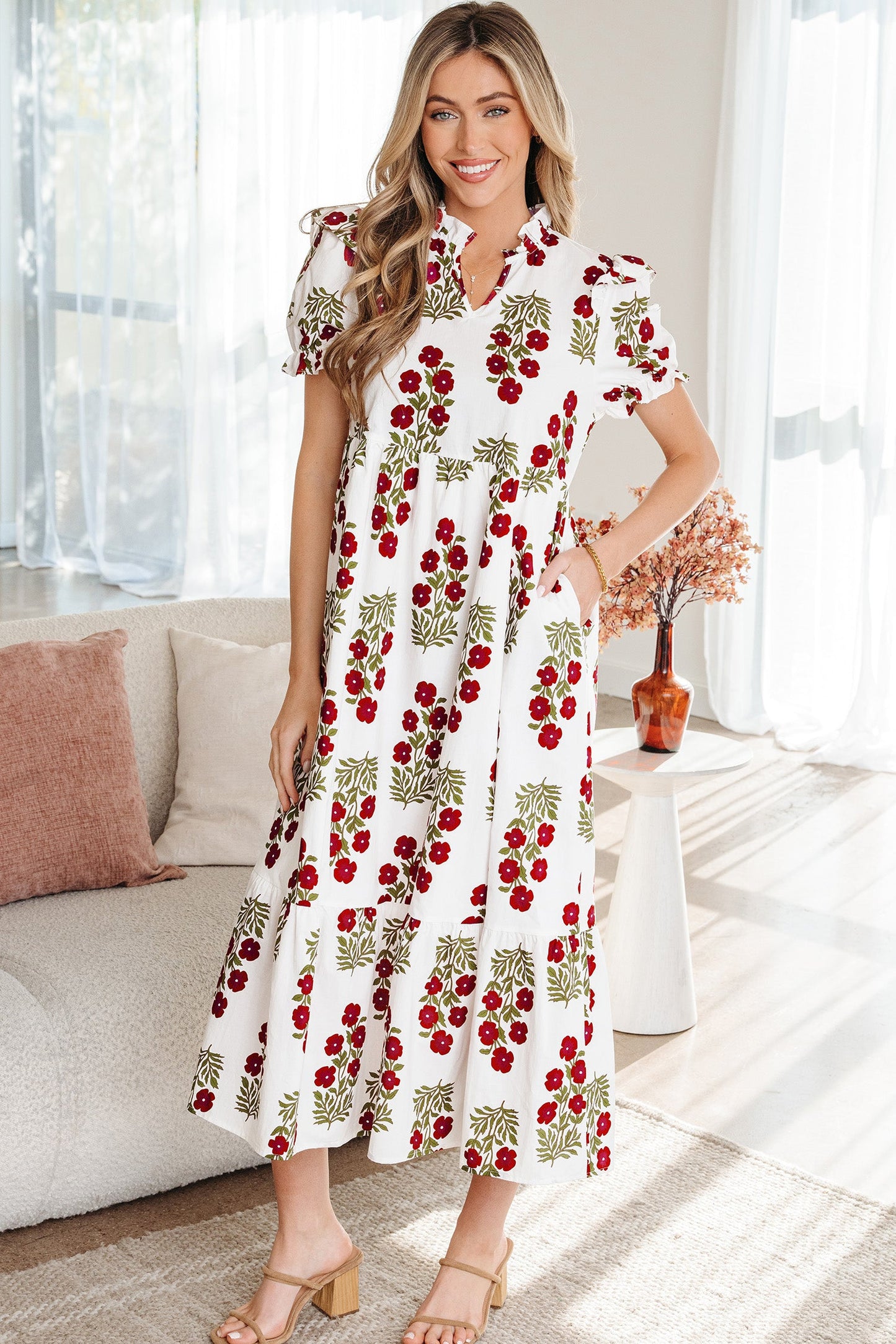 Floral Bubble Sleeve Tiered Maxi Dress