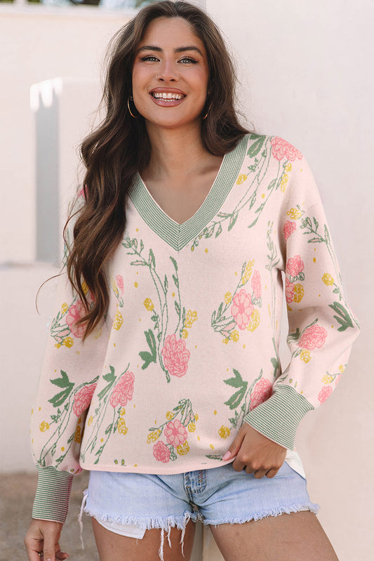 Floral Stripe Contrast V-Neck Sweater