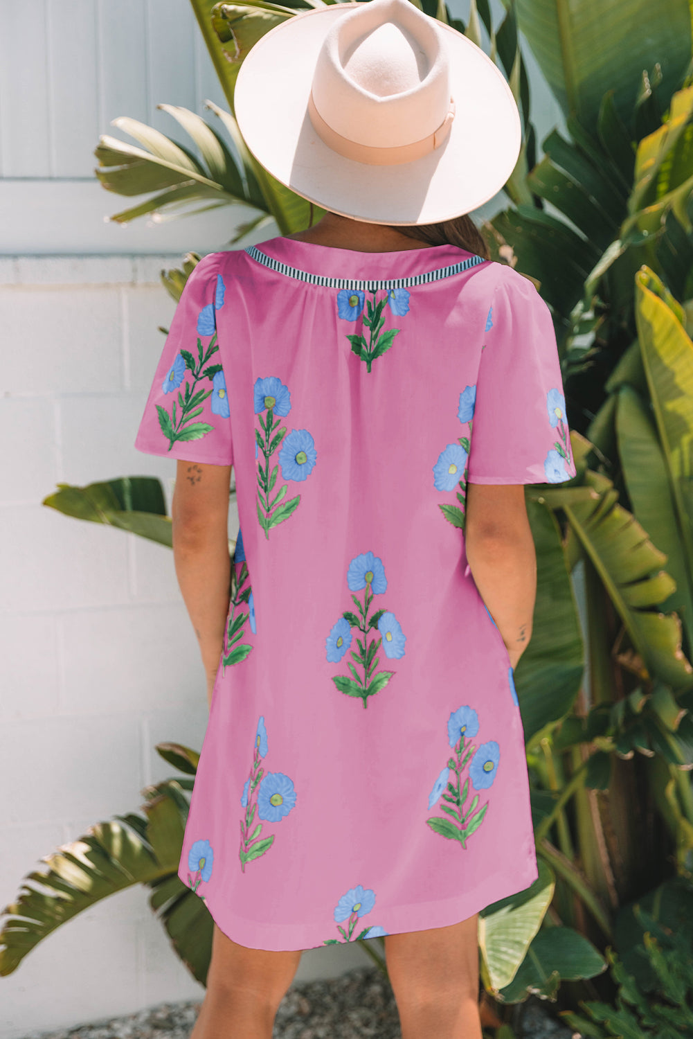 Floral Short Sleeve Split Neck Mini Dress