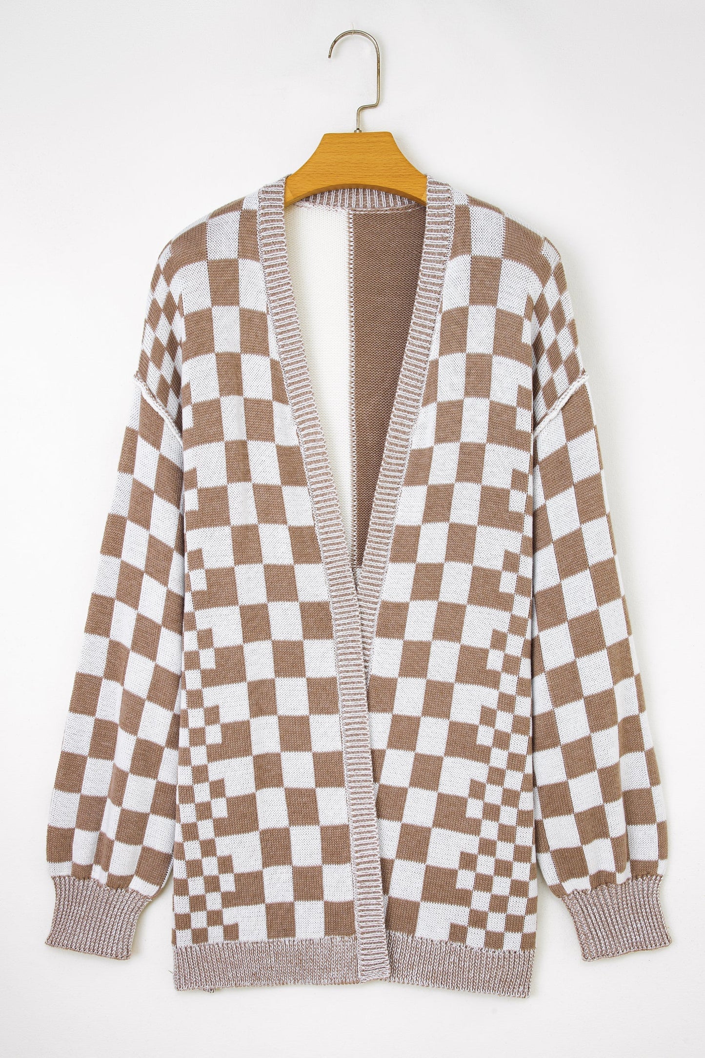 Plus Size Checker Drop Shoulder Open Front Cardigan