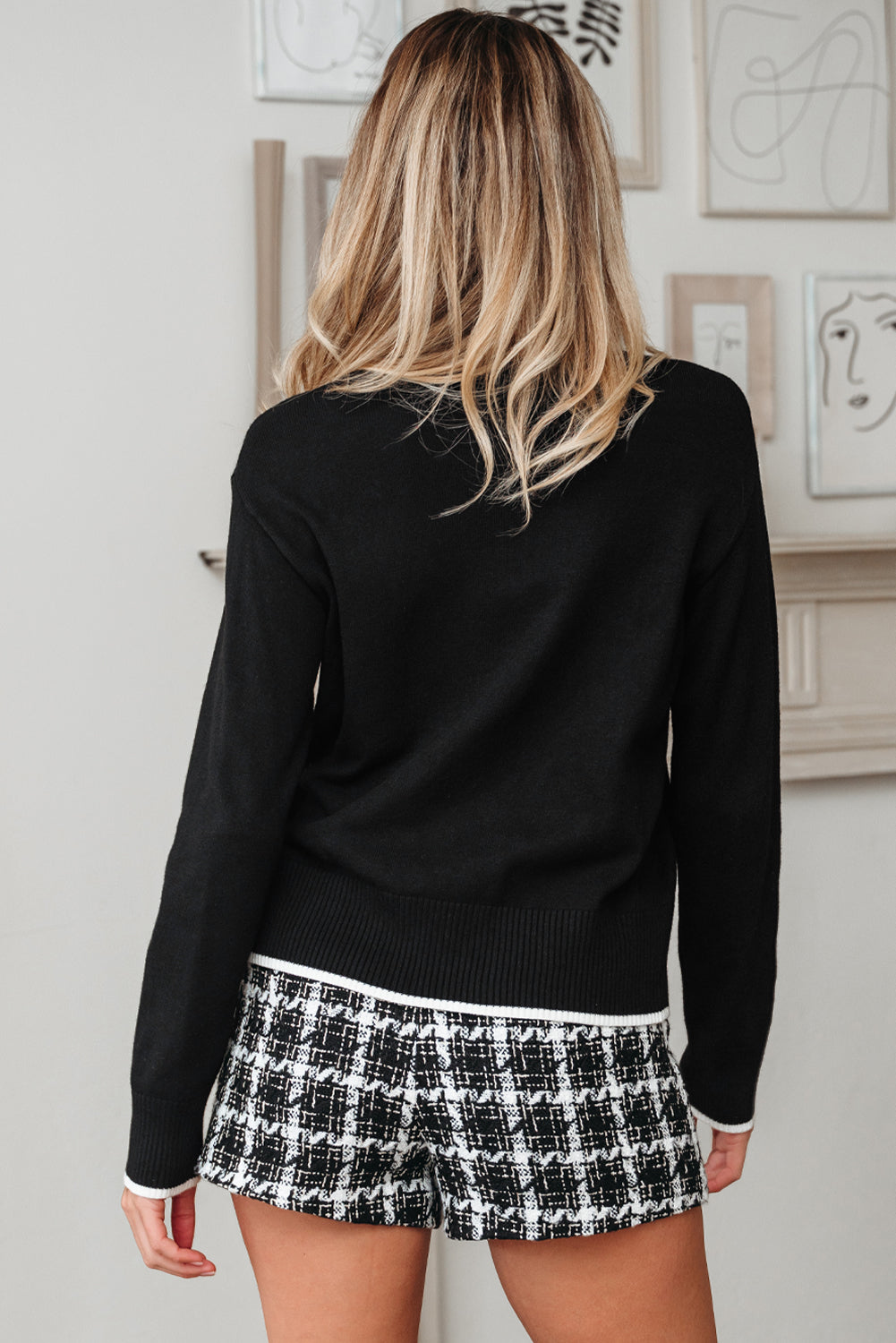 Bow Tie Contrast Trim Cropped Sweater