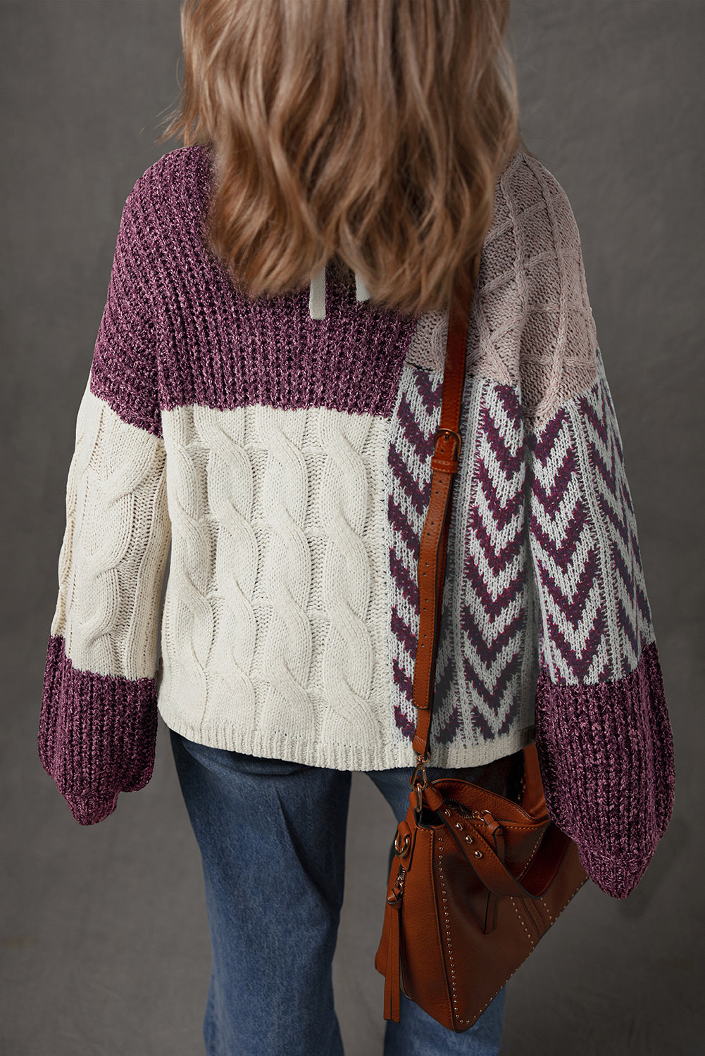 Colorblock Cable Knit Patchwork Tied Back Sweater
