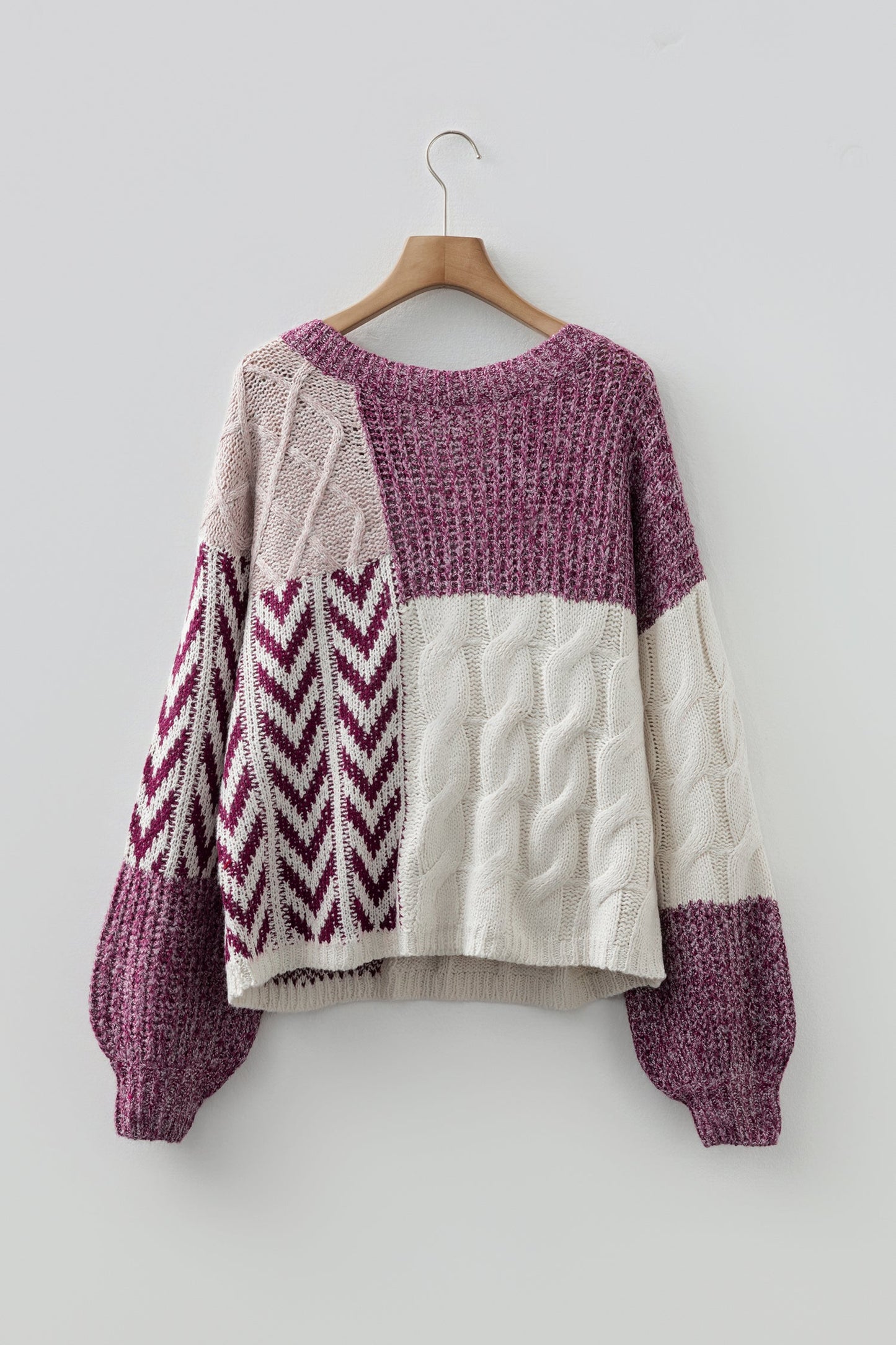 Colorblock Cable Knit Patchwork Tied Back Sweater