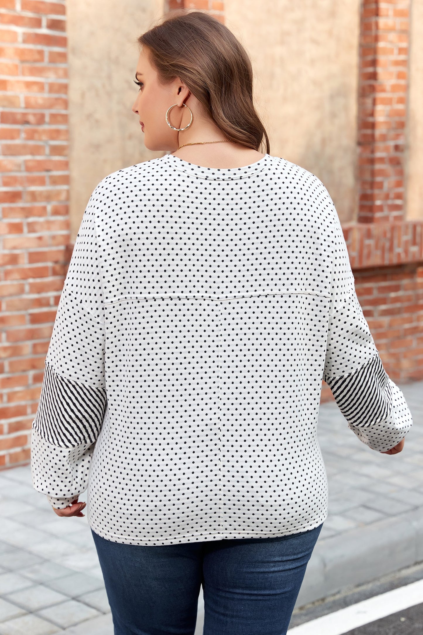 Plus Size Polka Dot Stripe Patchwork Henley Top