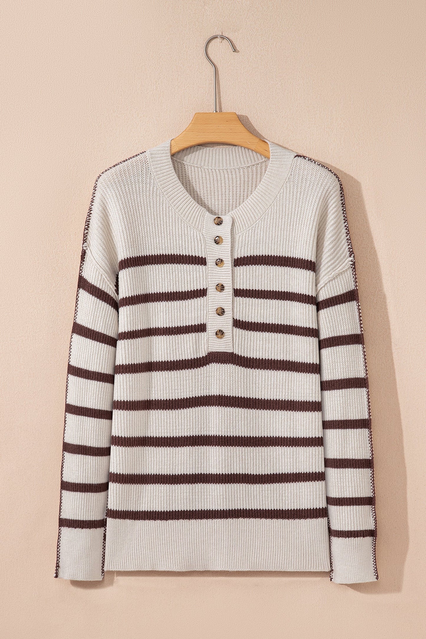 Stripe Ribbed Slouchy Drop Shoulder Henley Sweater