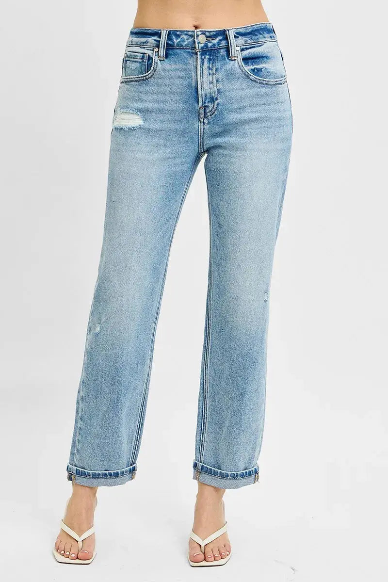 Full Size High Rise Ankle Boyfriend Distressed RISEN Jeans