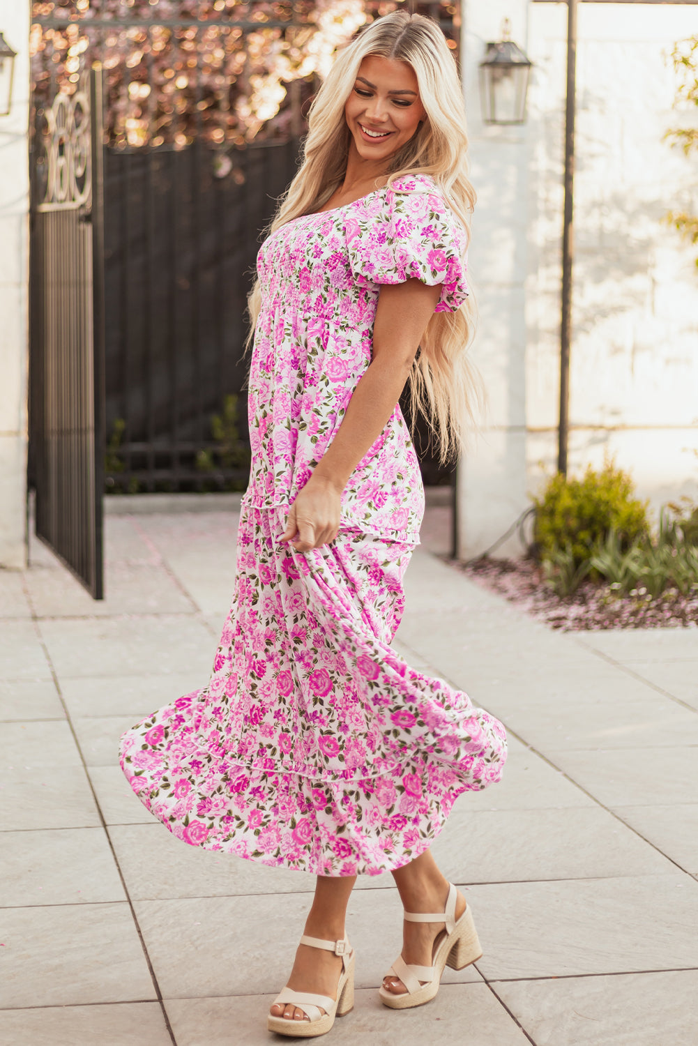Dainty Floral Smocked Puff Sleeve Flowy Maxi Dress