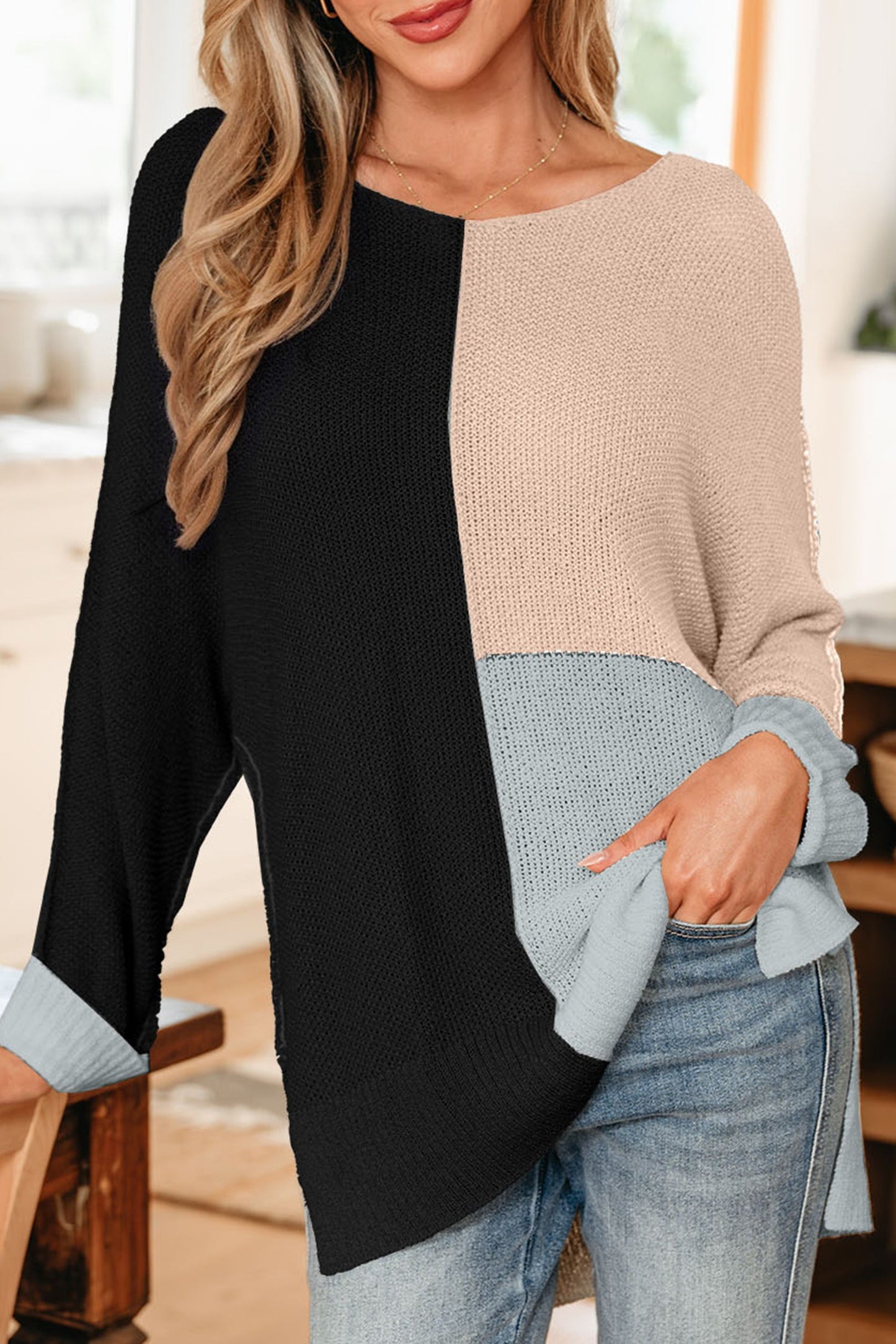 Colorblock Knit V-Neck Sweater