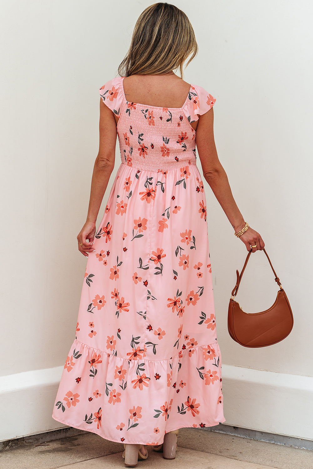 Floral V-Neck Smocked Ruffle Hem Maxi Dress