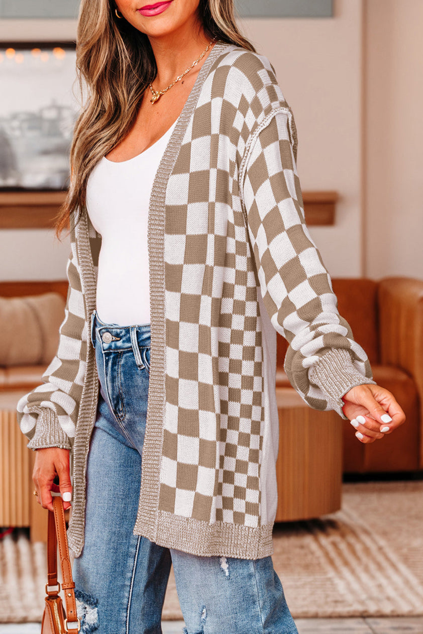 Checker Open Front Drop Shoulder Cardigan